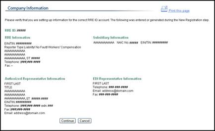 Company Information Confirmation Page