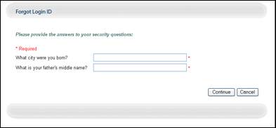 Forgot Login ID Page, Security Questions