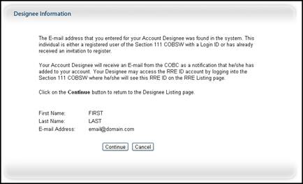 Account Designee Information Page, Existing User Found