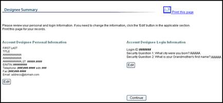 Account Designee Summary Page
