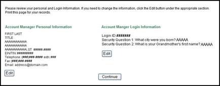 Account Manager Information Confirmation Page