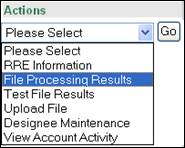 Actions Dropdown Box, File Processing Results Selected