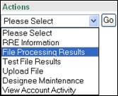 Actions Dropdown Box, File Processing Results Selected