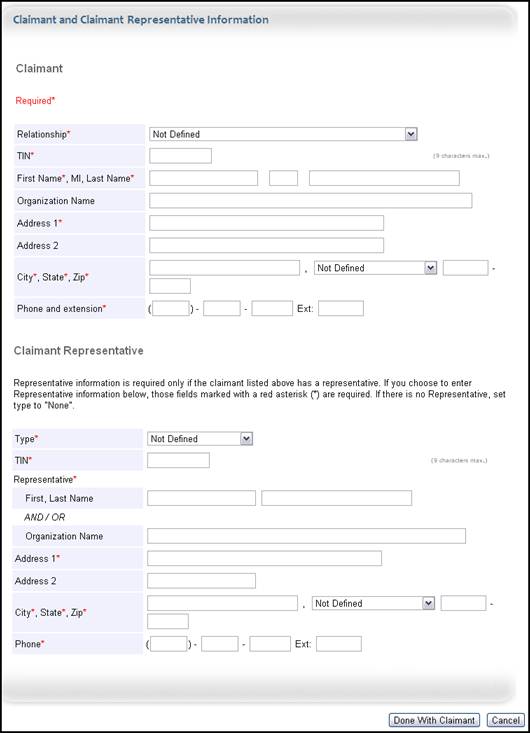 Claimant and Claimant Representative Information Page