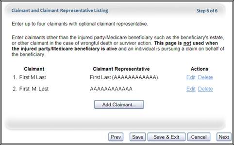 Claimant and Claimant Representative Listing Page