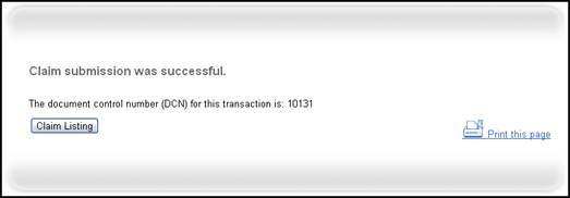 Successful Claim Submission Page