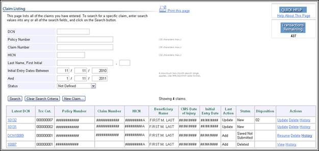 Claim Listing Page