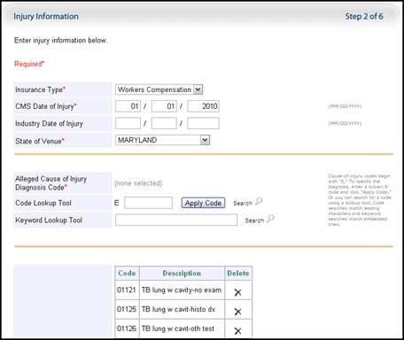 Resume Claim Submission Process, Injury Information Page Displayed