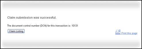 Successful Claim Submission Page