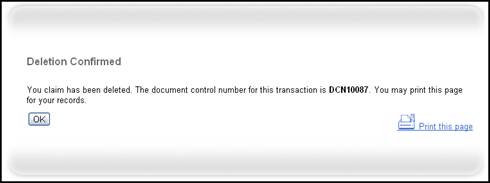 Delete Claim Confirmation Page