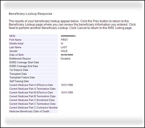 Beneficiary Lookup Response Page, GHP Basic