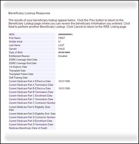 Beneficiary Lookup Response Page, GHP Expanded